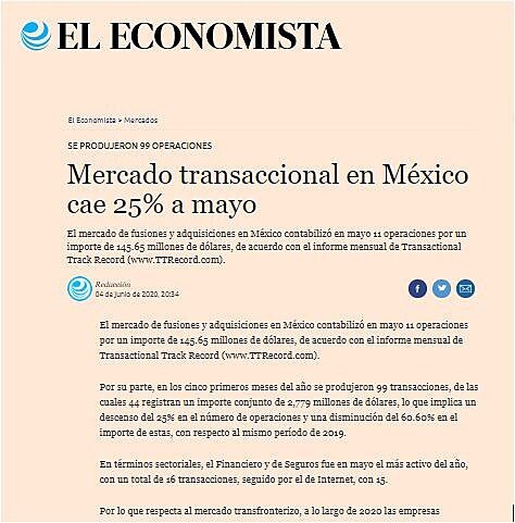 Mercado transaccional en Mxico cae 25% a mayo
